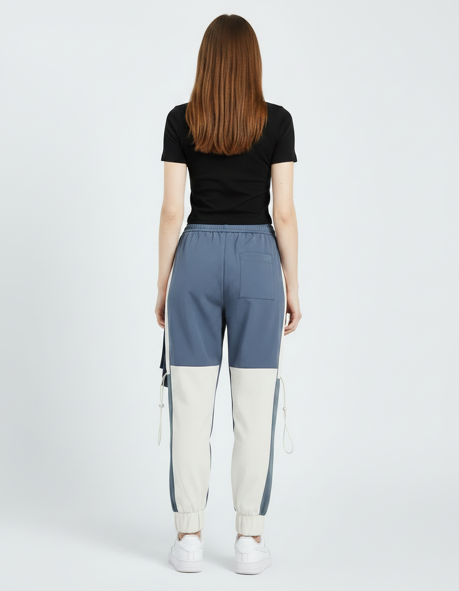 Pantalon Parachute Bicolore Cargo Ample Streetwear Femme - Bleu Polyester - vue 2