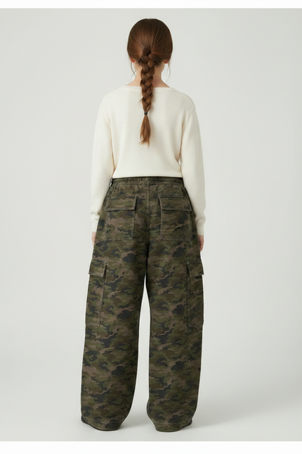 Pantalon Parachute Camouflage Ample Cargo Fille Décontracté - Kaki Molleton - vue 2