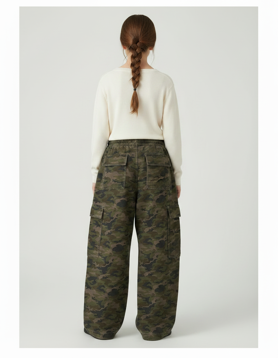 Pantalon Parachute Camouflage Ample Cargo Fille Décontracté - Kaki Molleton - vue 2