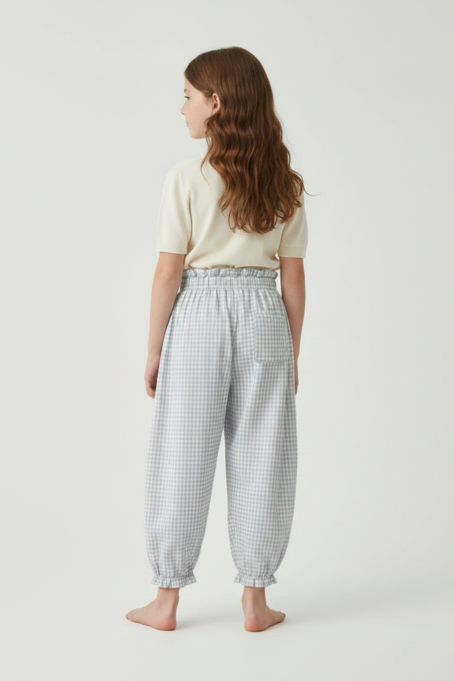 Pantalon Parachute Vichy Coton Ample Fille Froncé - Bleu - vue 2