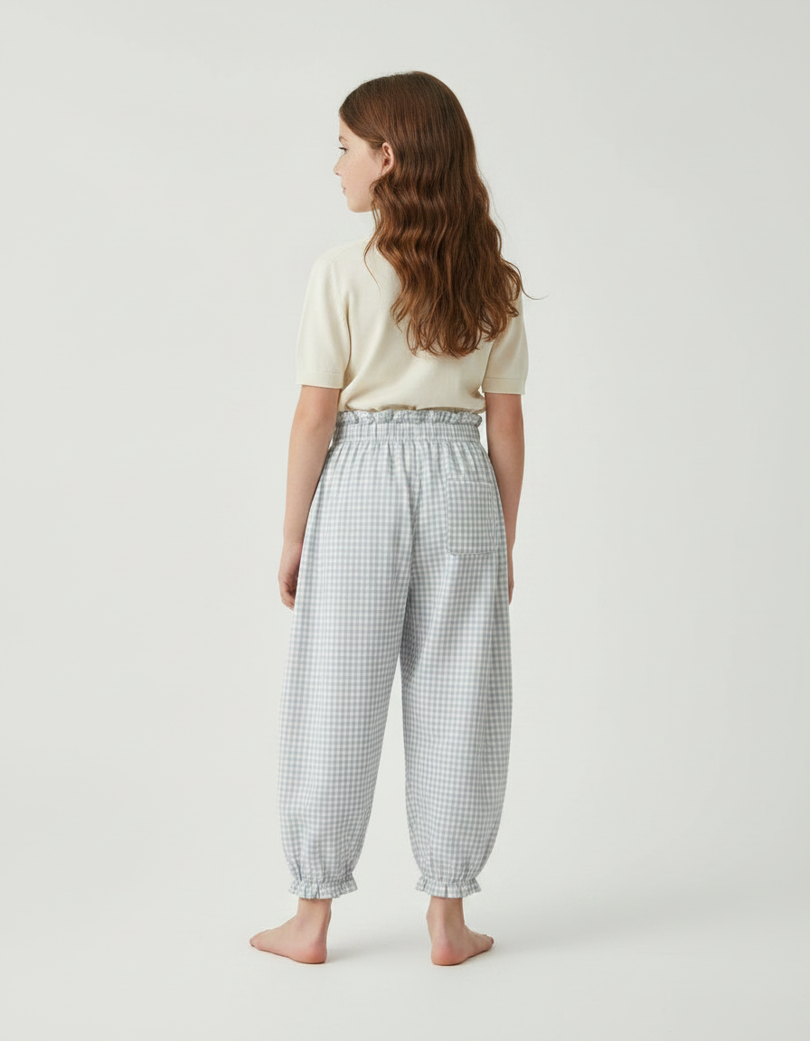 Pantalon Parachute Vichy Coton Ample Fille Froncé - Bleu - vue 2