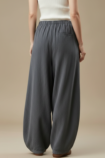 Pantalon Parachute Gris Ample Lin Coton Femme Vintage - vue 2