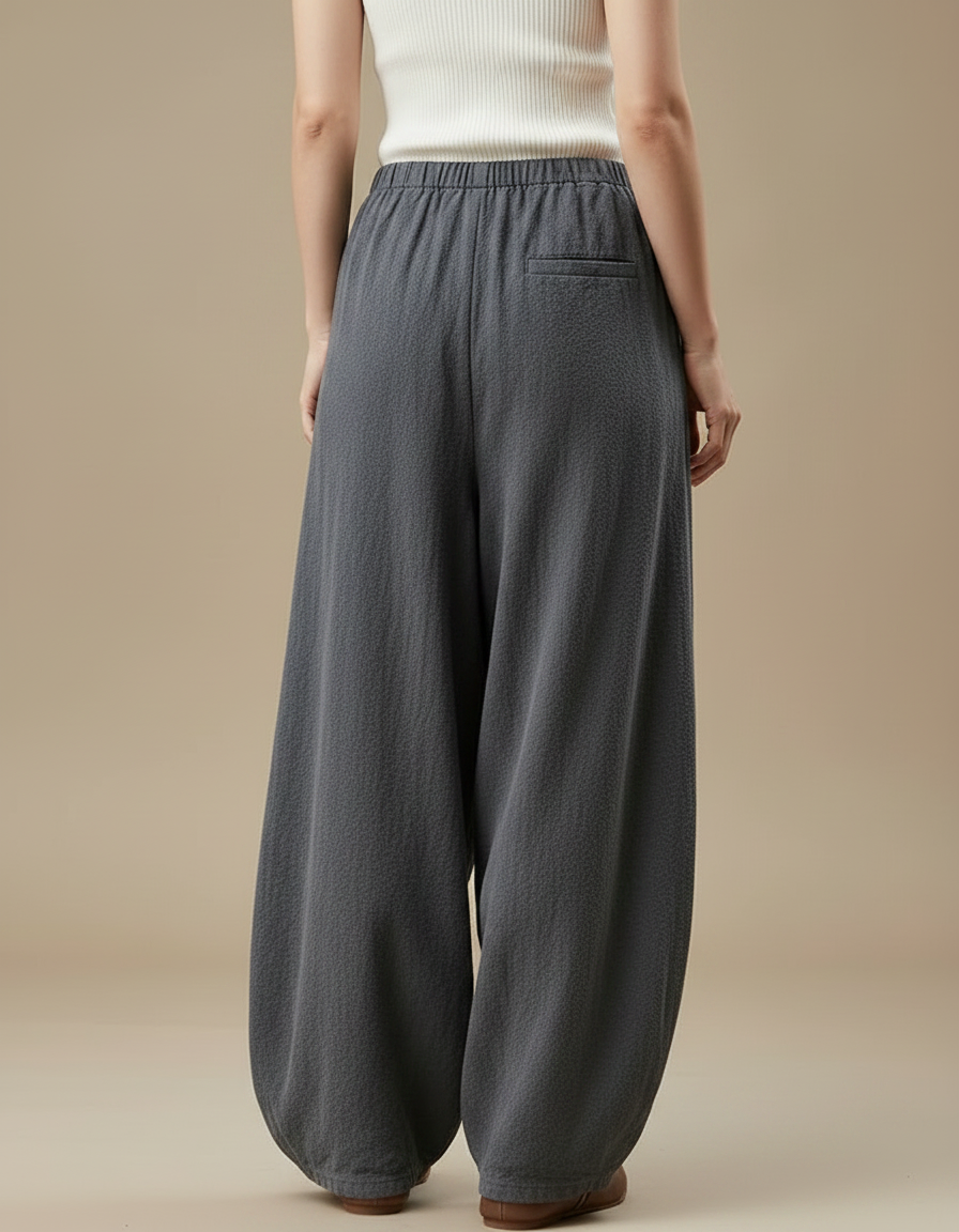 Pantalon Parachute Gris Ample Lin Coton Femme Vintage - vue 2