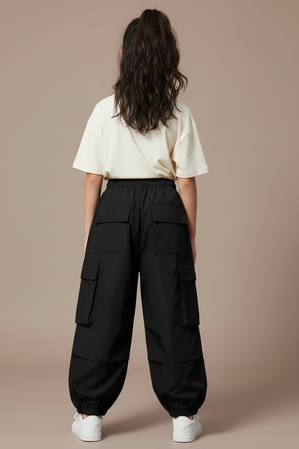 Pantalon Parachute Noir Cargo Ample Décontracté Enfant - Polyester - vue 2
