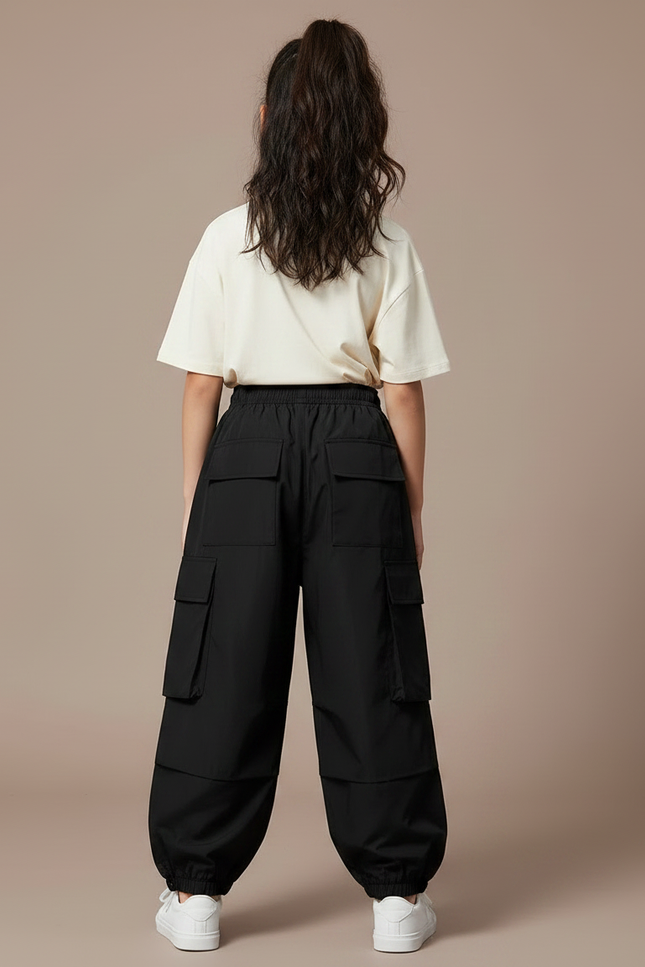 Pantalon Parachute Noir Cargo Ample Décontracté Enfant - Polyester - vue 2