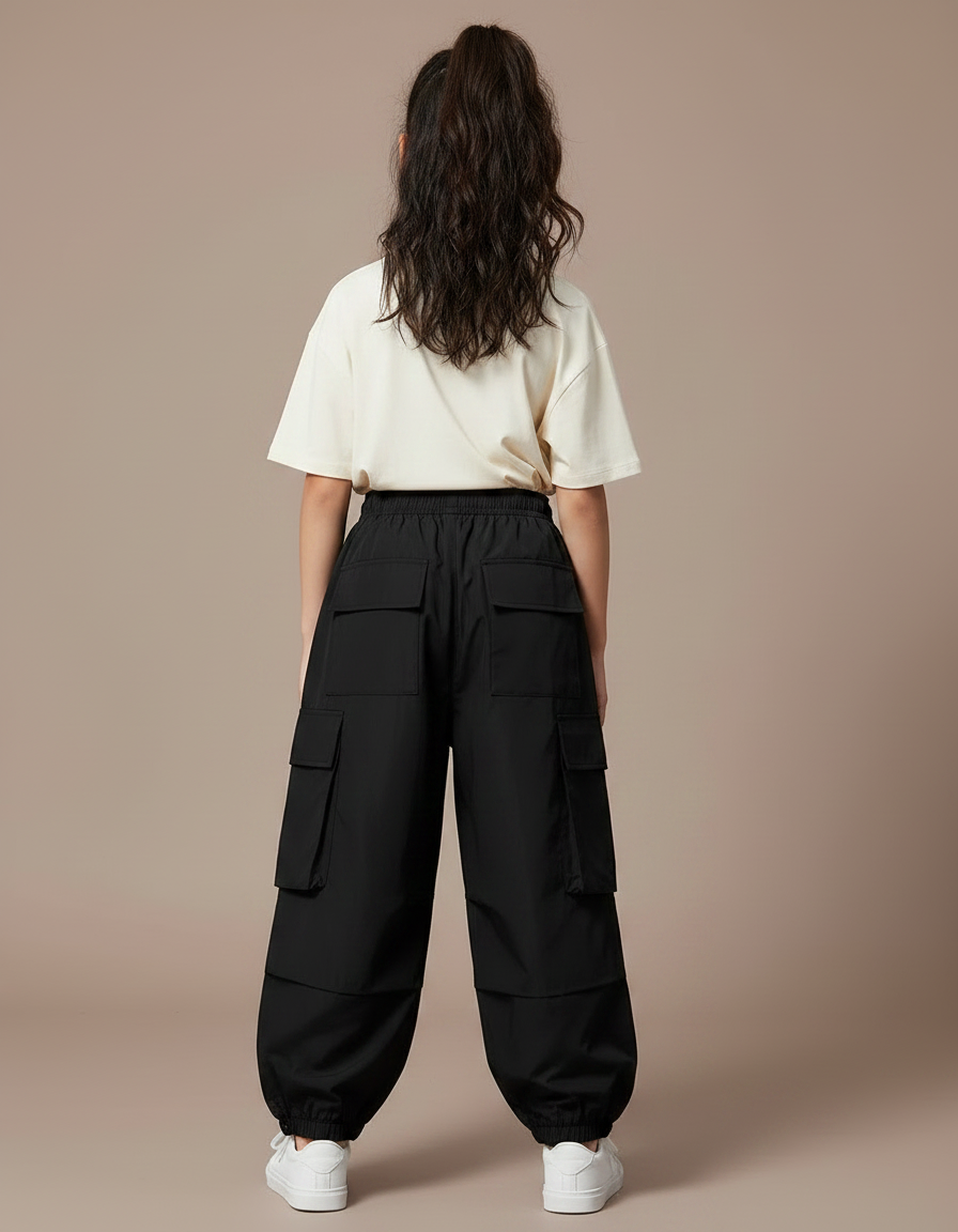 Pantalon Parachute Noir Cargo Ample Décontracté Enfant - Polyester - vue 2