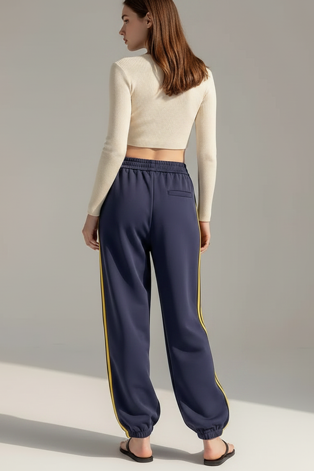 Pantalon Parachute Large Bleu Marine Rayures Jaunes Sportif - Molleton - vue 2