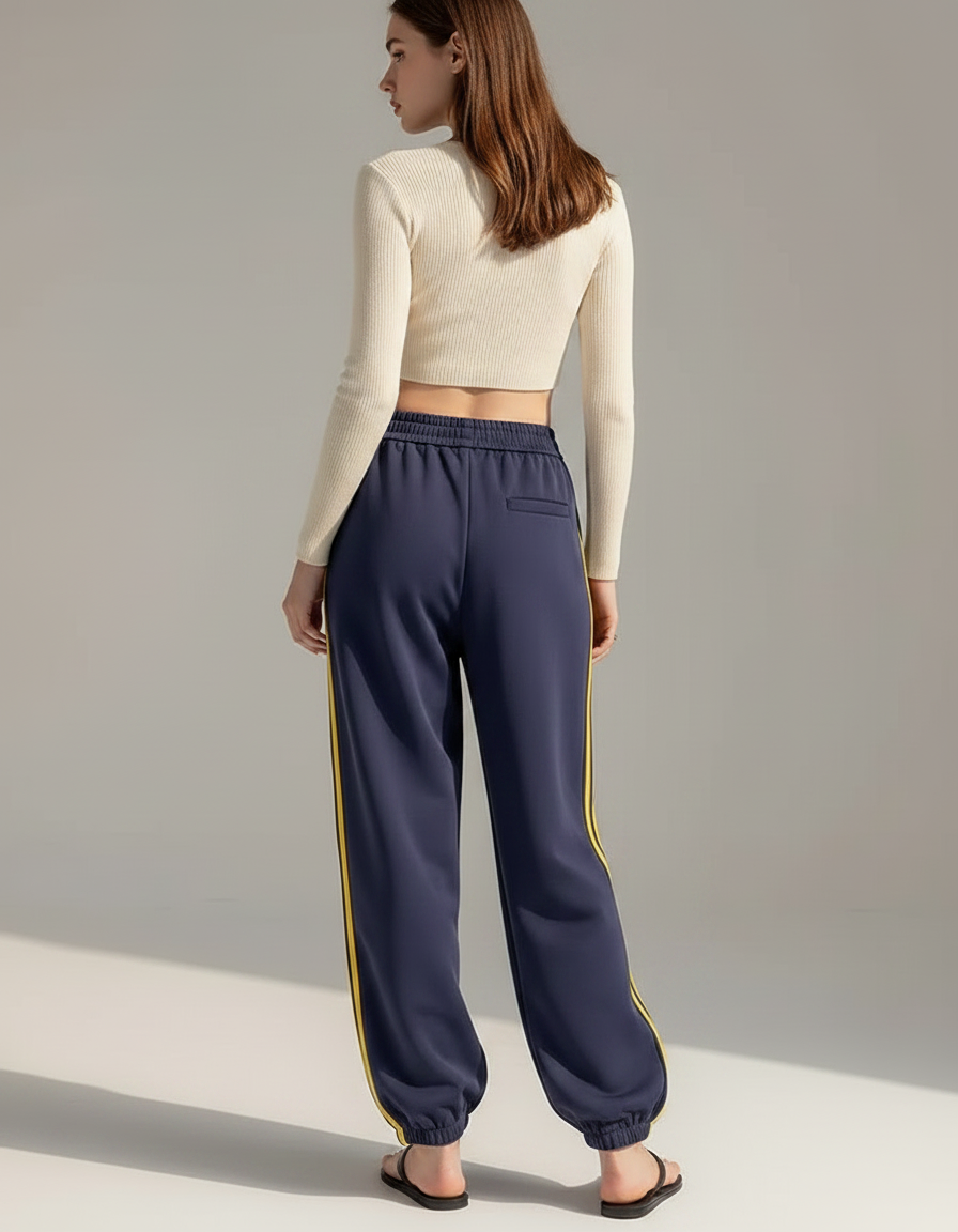 Pantalon Parachute Large Bleu Marine Rayures Jaunes Sportif - Molleton - vue 2