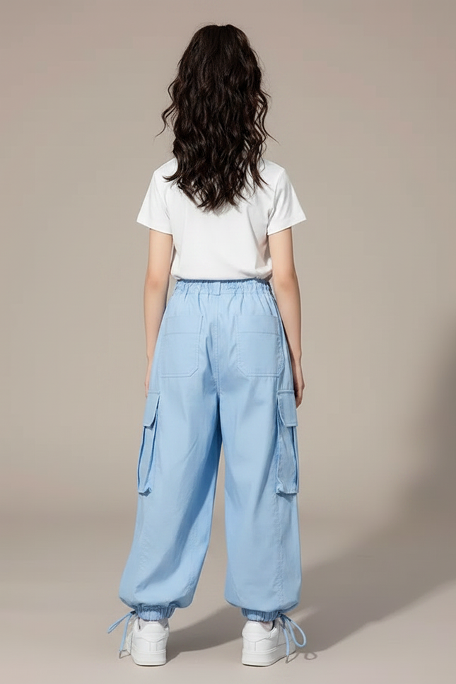 Pantalon Parachute Bleu Ciel Ample Cargo Fille - Polyester - vue 2
