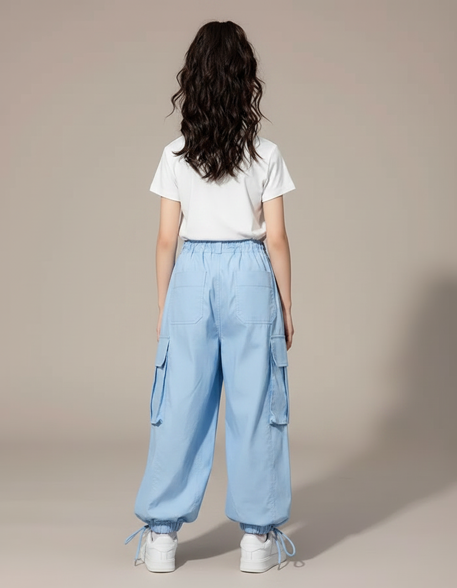 Pantalon Parachute Bleu Ciel Ample Cargo Fille - Polyester - vue 2