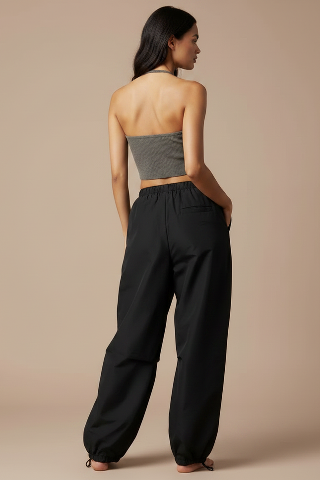Pantalon Parachute Noir Ample Fluide Cordon Streetwear - Polyester - vue 2