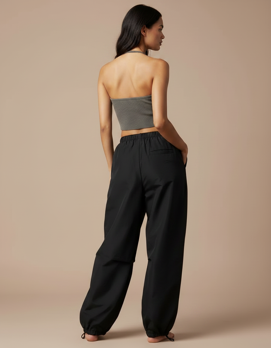 Pantalon Parachute Noir Ample Fluide Cordon Streetwear - Polyester - vue 2