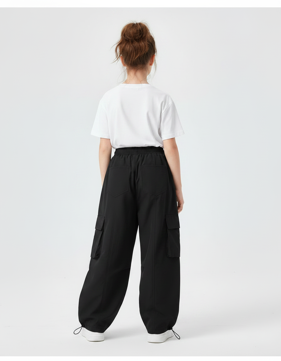 Pantalon Parachute Noir Cargo Ample Fille Streetwear - Polyester - vue 2