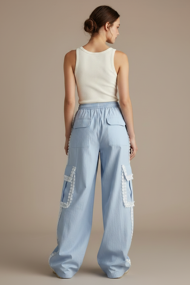 Pantalon Parachute Bleu Ciel Ample Dentelle Cargo Femme - Toile - vue 2