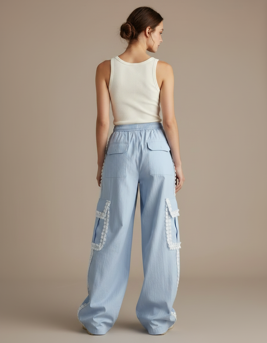 Pantalon Parachute Bleu Ciel Ample Dentelle Cargo Femme - Toile - vue 2