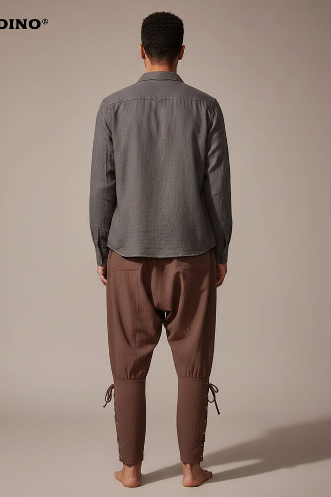 Pantalon Parachute Marron Coton Ample Lacets Homme - vue 2