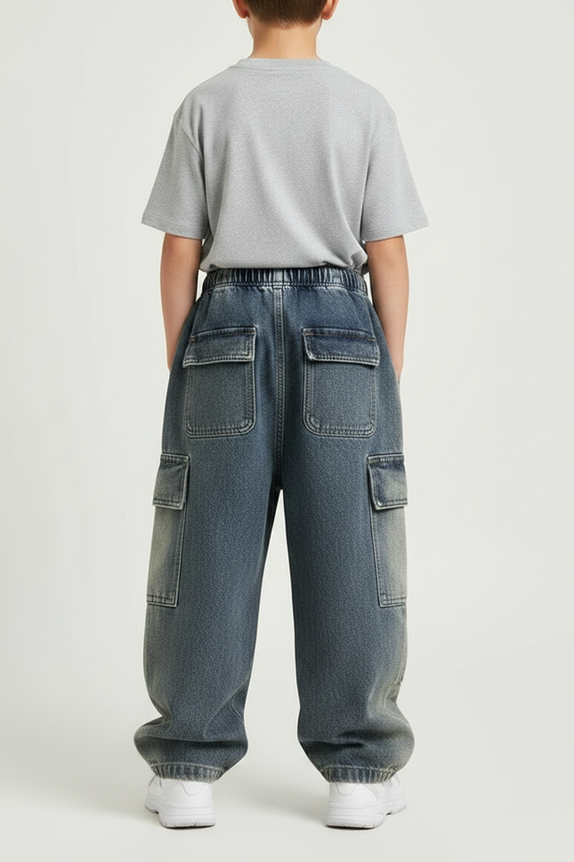 Pantalon Parachute Jean Cargo Ample Enfant Garçon - Bleu - vue 2