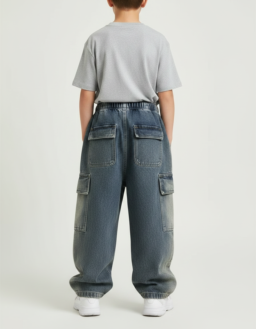 Pantalon Parachute Jean Cargo Ample Enfant Garçon - Bleu - vue 2