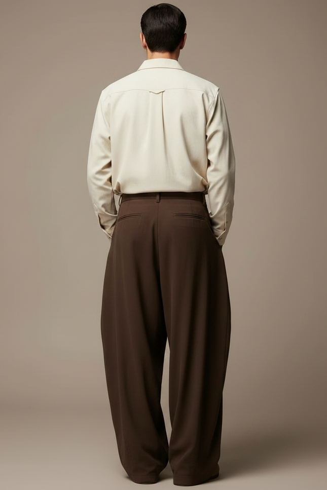 Pantalon Parachute Marron Ample Plissé Décontracté Homme - Polyester - vue 2