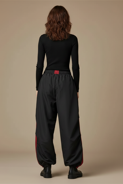 Pantalon Parachute Noir Ample Rayures Rouges Sport - Polyester - vue 2