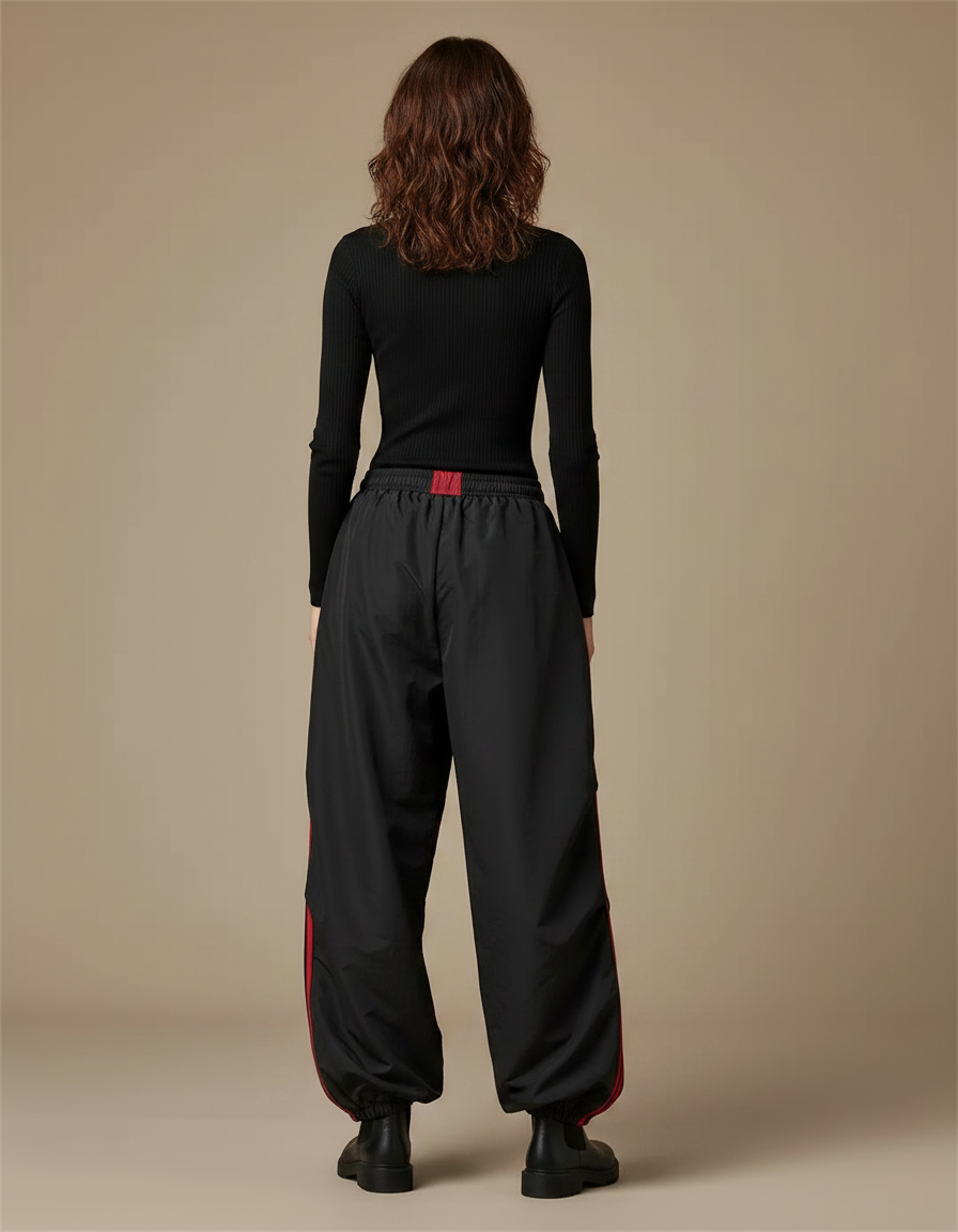Pantalon Parachute Noir Ample Rayures Rouges Sport - Polyester - vue 2