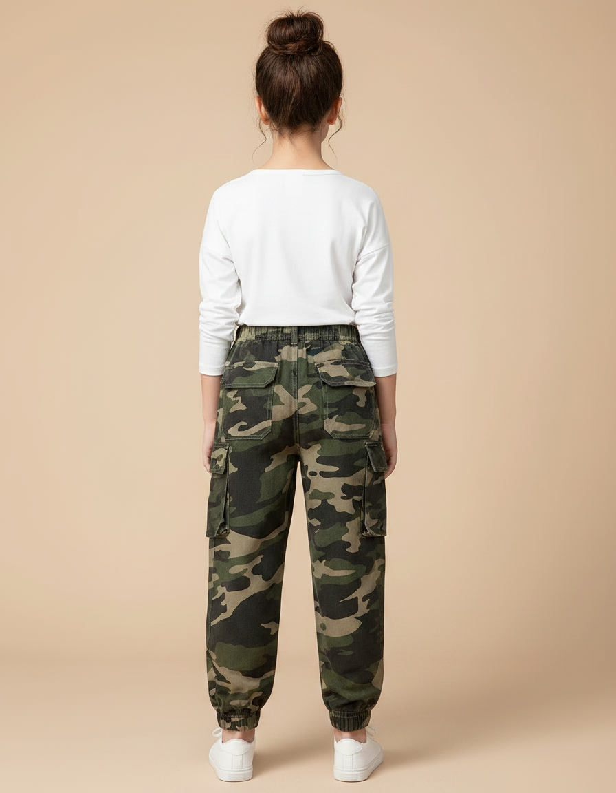 Pantalon Parachute Camouflage Cargo Ample Enfant Moderne - Kaki Coton - vue 2