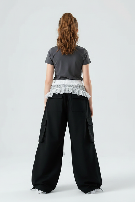 Pantalon Parachute Noir Ample Cargo Fille Dentelle - Toile - vue 2