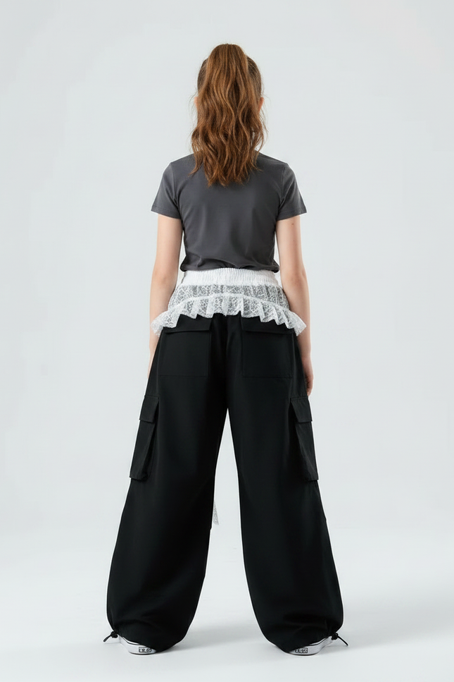 Pantalon Parachute Noir Ample Cargo Fille Dentelle - Toile - vue 2