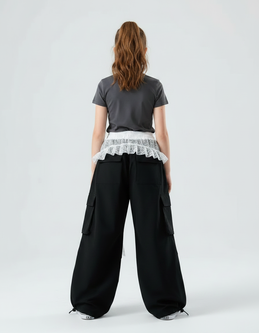 Pantalon Parachute Noir Ample Cargo Fille Dentelle - Toile - vue 2