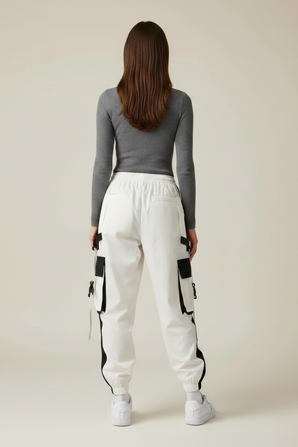 Pantalon Parachute Blanc Cargo Bicolore Femme Techwear - Polyester - vue 2