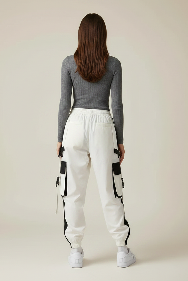 Pantalon Parachute Blanc Cargo Bicolore Femme Techwear - Polyester - vue 2