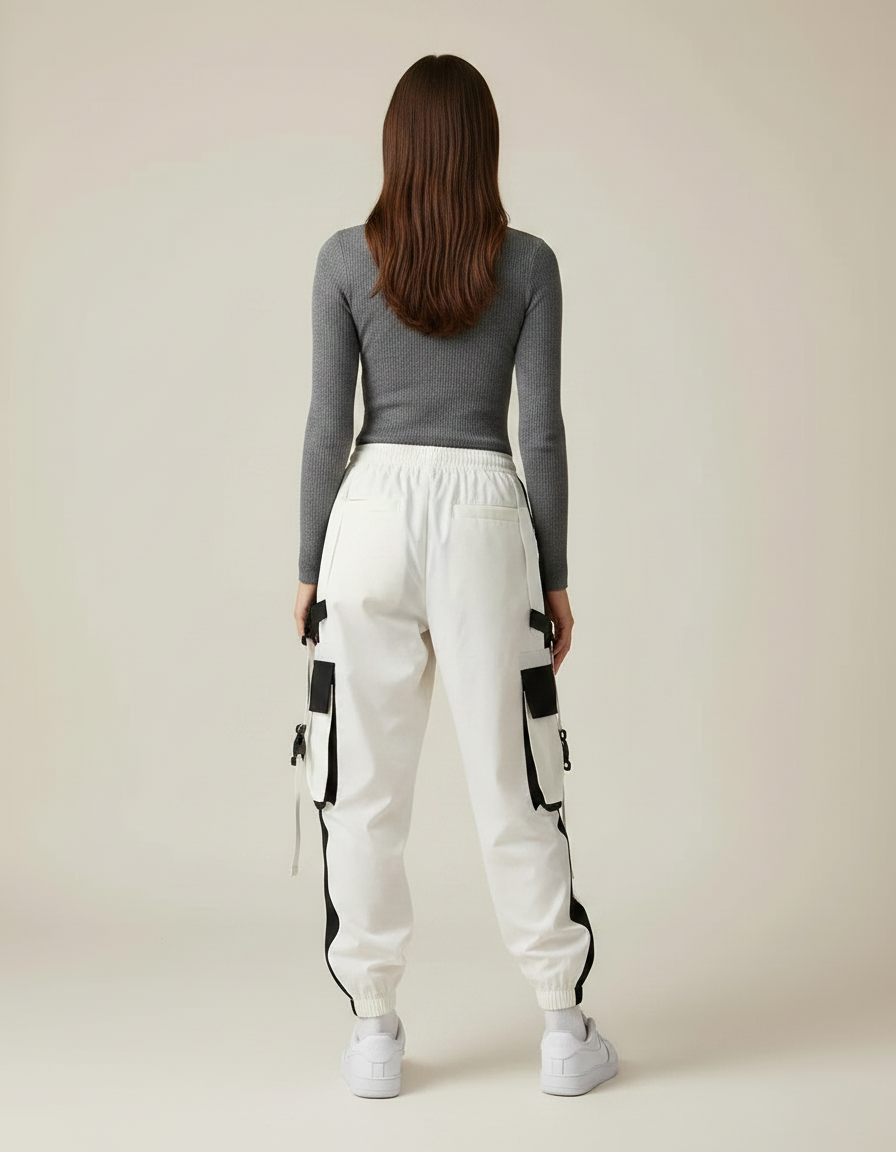Pantalon Parachute Blanc Cargo Bicolore Femme Techwear - Polyester - vue 2