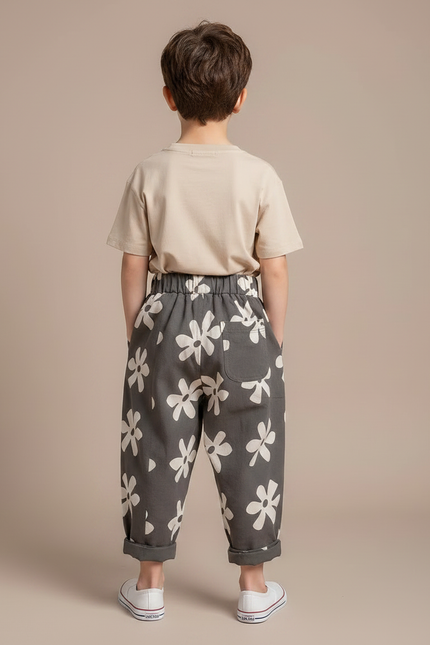 Pantalon Parachute Gris Fleurs Ample Décontracté Garçon - Toile - vue 2