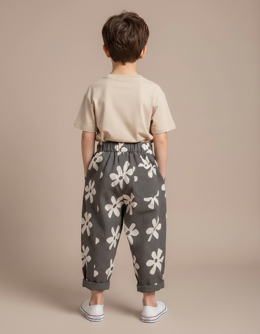Pantalon Parachute Gris Fleurs Ample Décontracté Garçon - Toile - vue 2