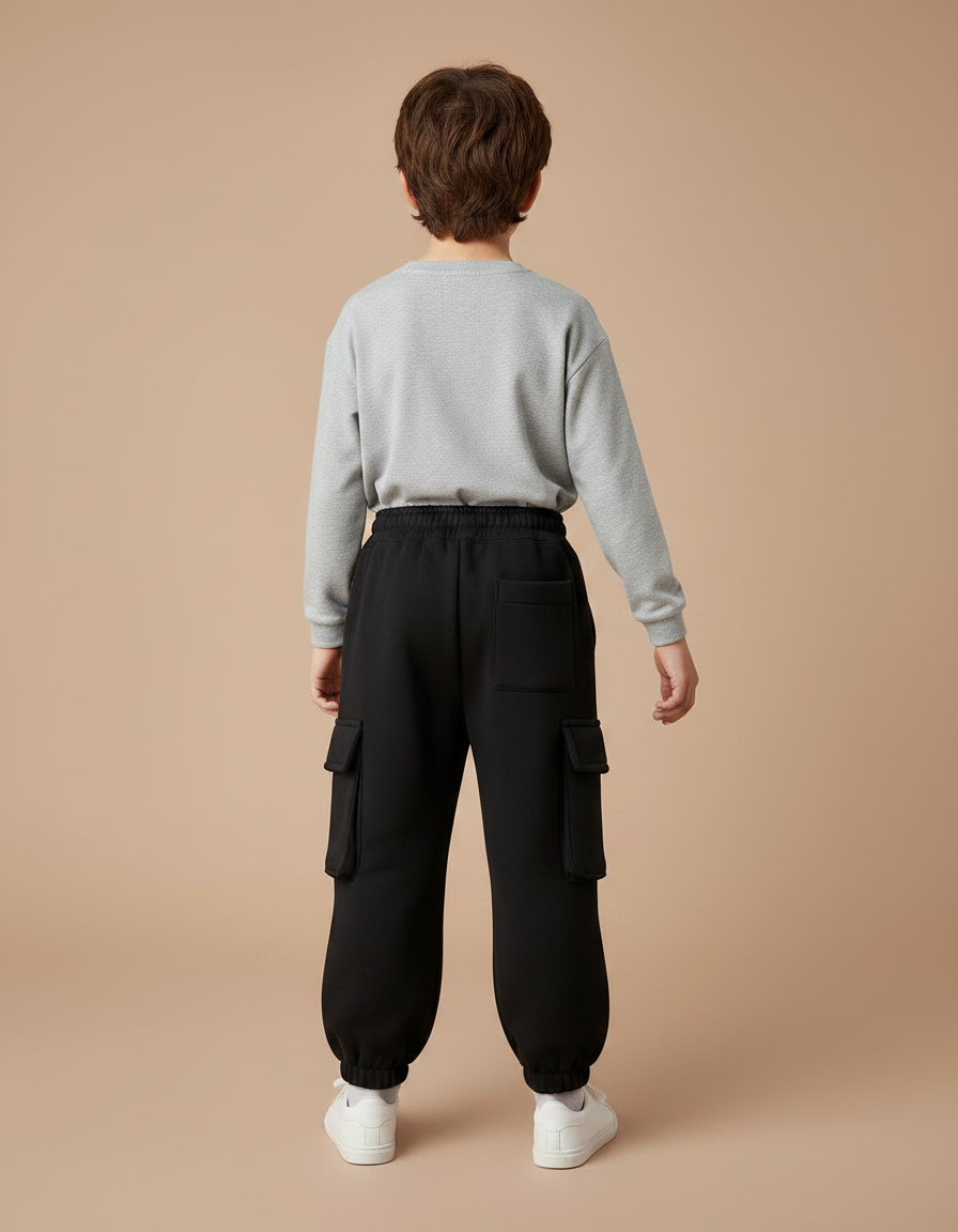Pantalon Parachute Noir Cargo Molleton Enfant Hiver - vue 2