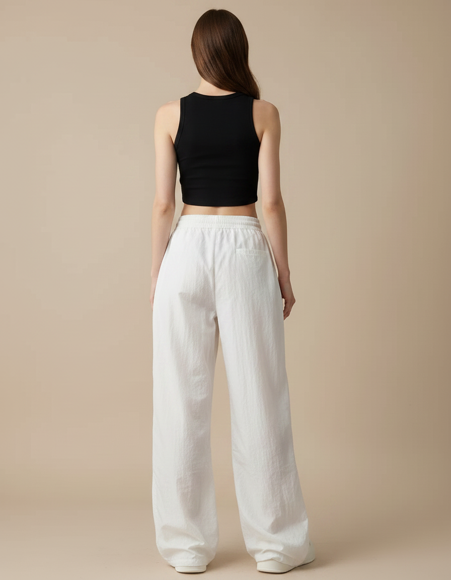 Pantalon Parachute Blanc Ample Fluide Cordon Streetwear - Polyester - vue 2