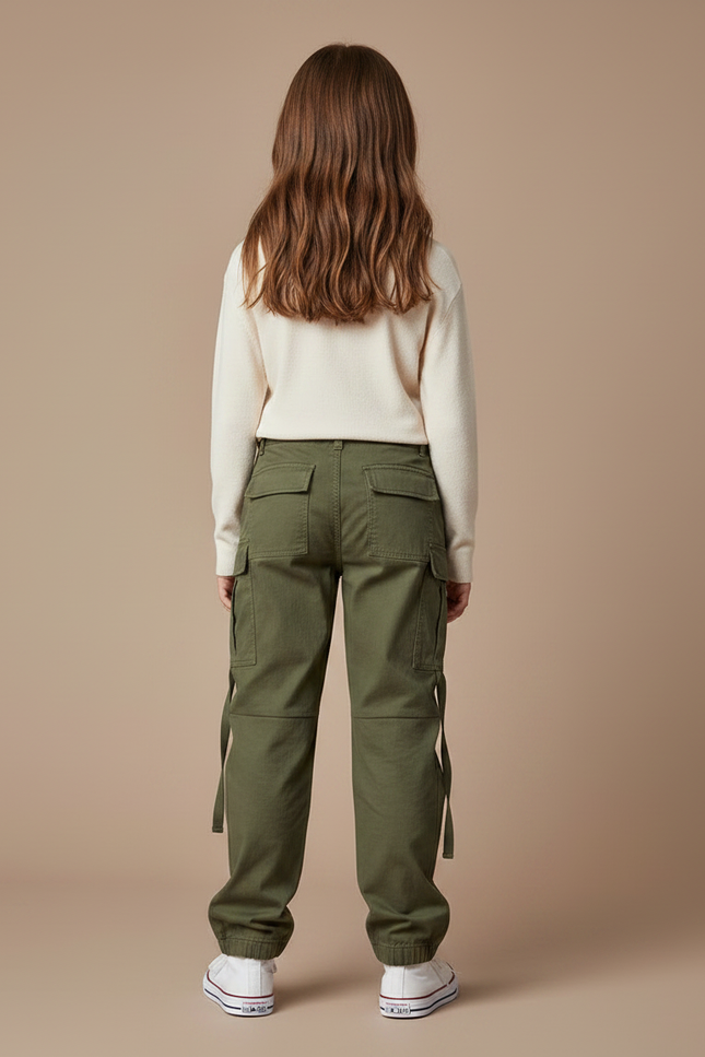 Pantalon Parachute Kaki Cargo Coton Multipoches Enfant - vue 2