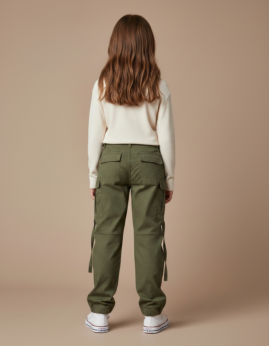 Pantalon Parachute Kaki Cargo Coton Multipoches Enfant - vue 2