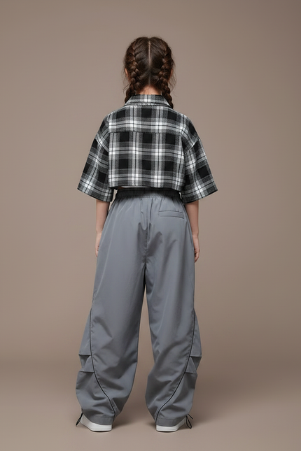 Pantalon Parachute Gris Ample Streetwear Lignes Noires - Polyester - vue 2