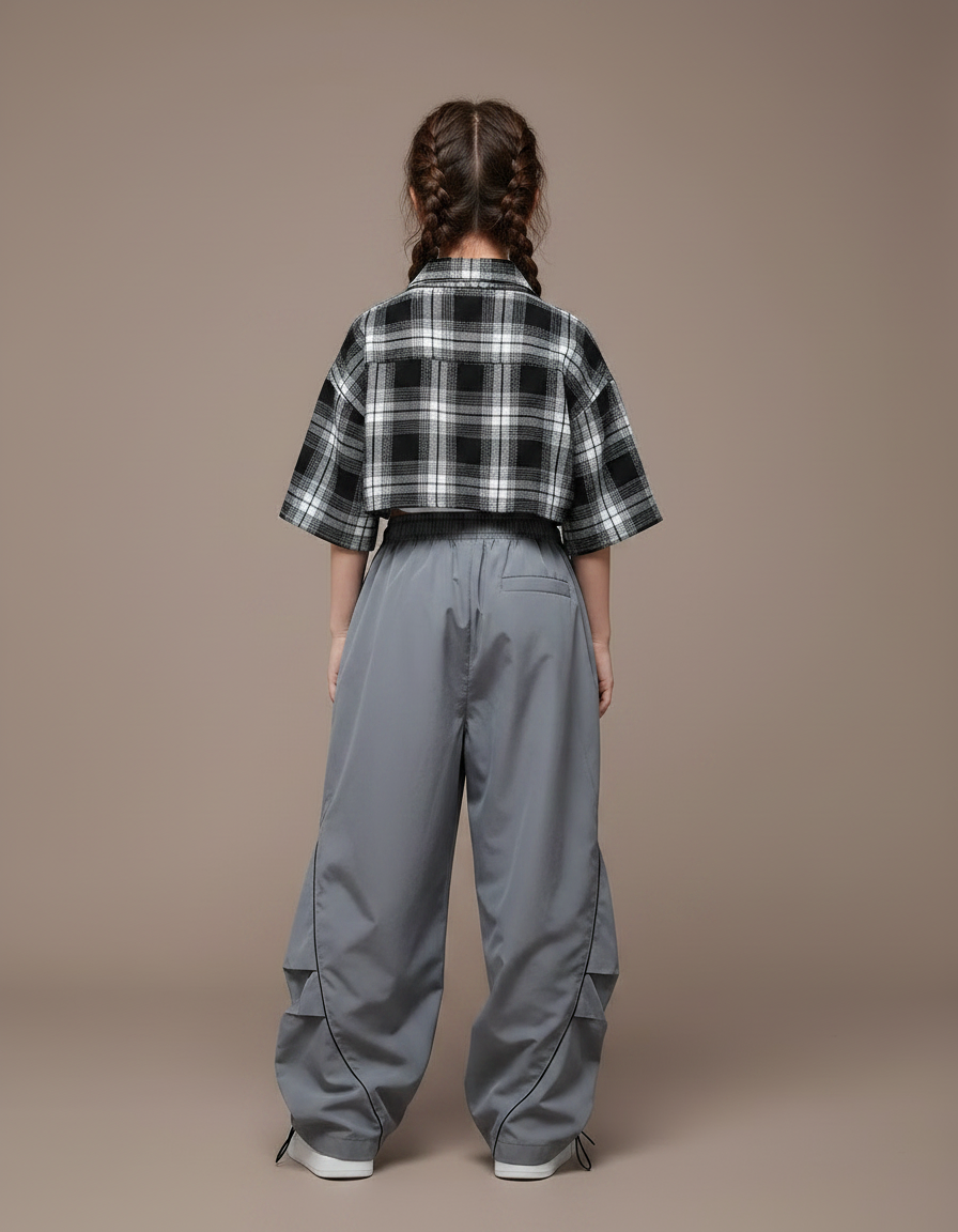Pantalon Parachute Gris Ample Streetwear Lignes Noires - Polyester - vue 2