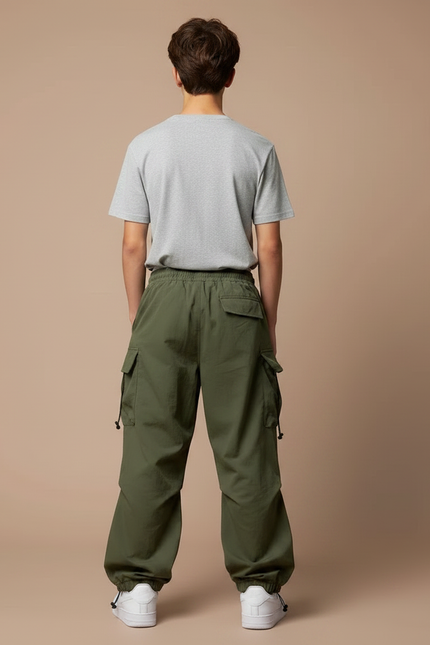 Pantalon Parachute Vert Ample Cargo Décontracté Cordon - Kaki Polyester - vue 2