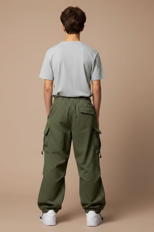 Pantalon Parachute Vert Ample Cargo Décontracté Cordon - Kaki Polyester - vue 2
