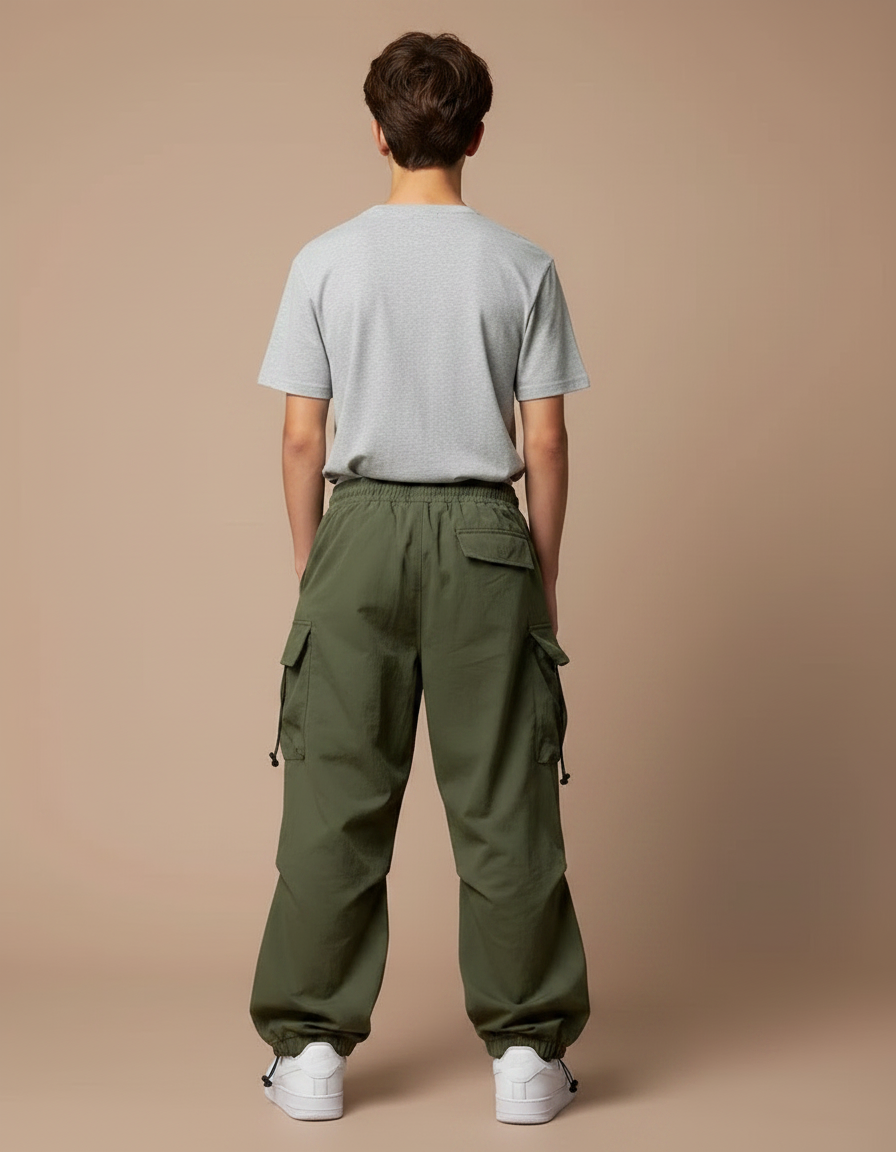 Pantalon Parachute Vert Ample Cargo Décontracté Cordon - Kaki Polyester - vue 2