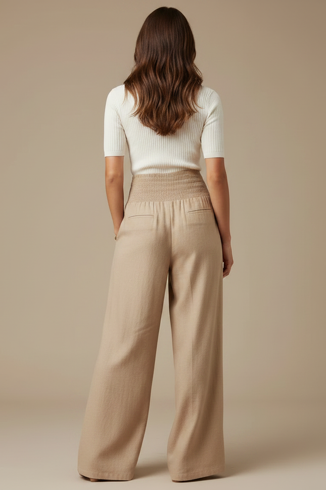 Pantalon Parachute Beige Ample Fluide Taille Haute Femme - Lin - vue 2