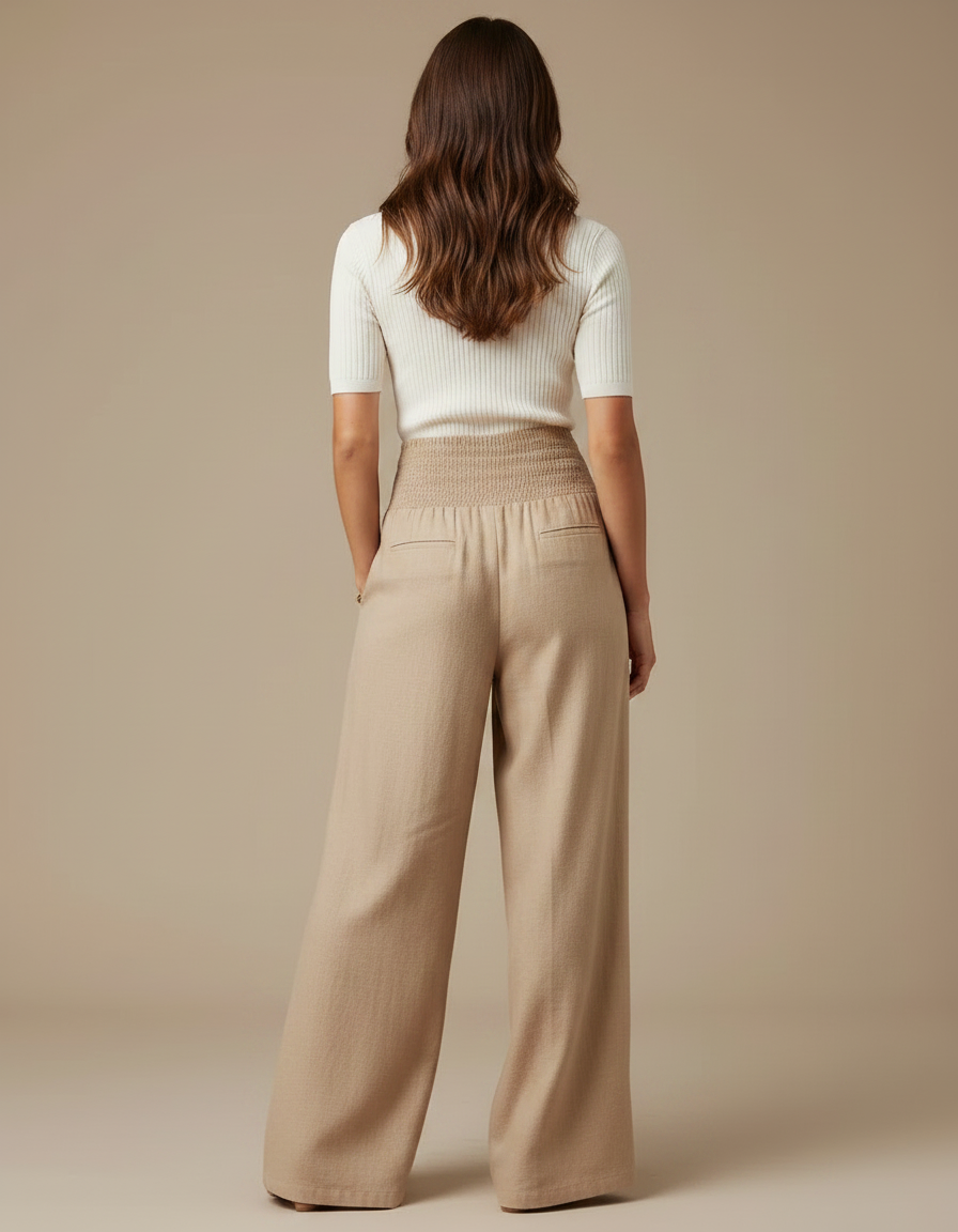 Pantalon Parachute Beige Ample Fluide Taille Haute Femme - Lin - vue 2