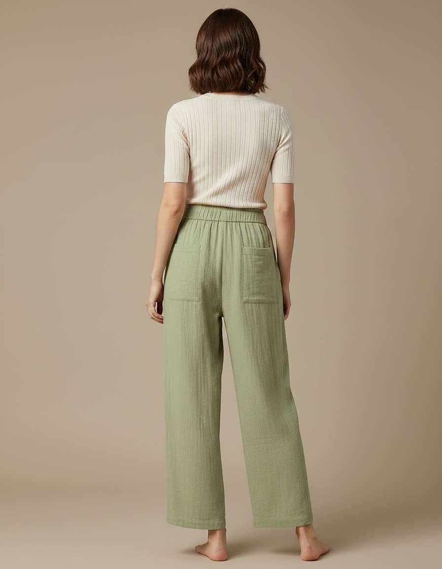 Pantalon Parachute Vert Coton Ample Droit Décontracté - vue 2