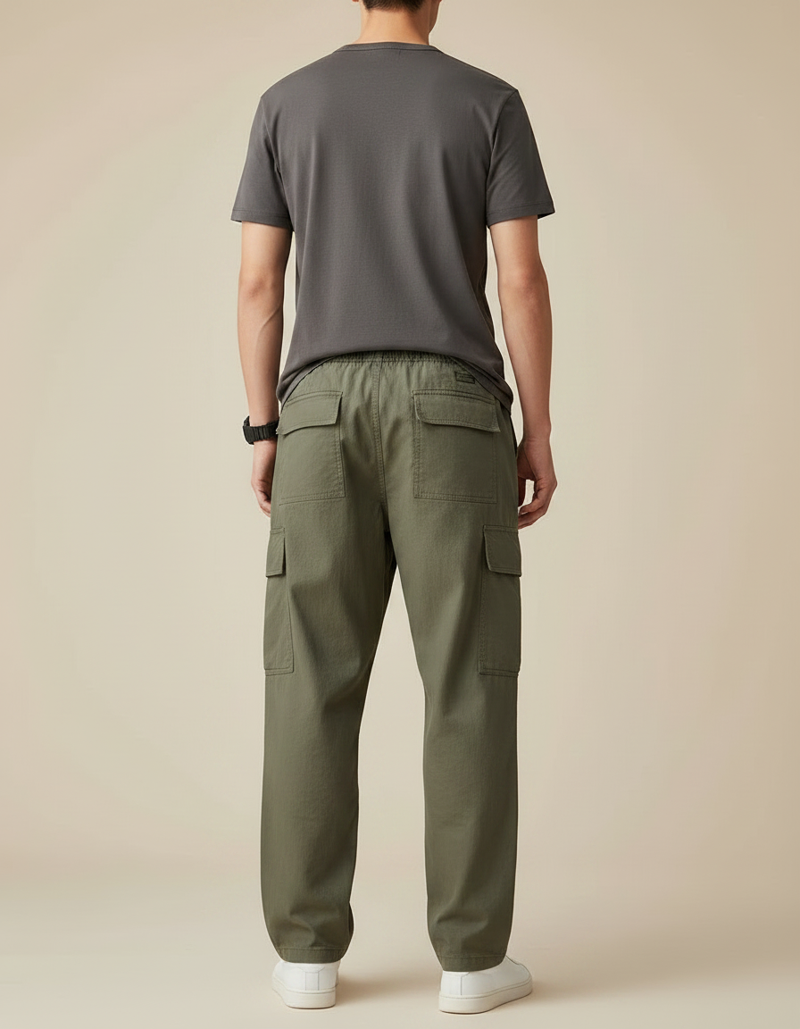 Pantalon Parachute Vert Ample Cargo Coton Homme - Kaki - vue 2
