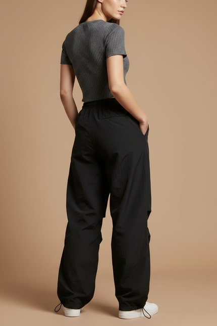 Pantalon Parachute Noir Ample Fluide Streetwear Femme - Polyester - vue 2