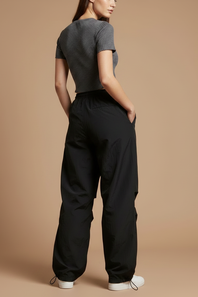 Pantalon Parachute Noir Ample Fluide Streetwear Femme - Polyester - vue 2