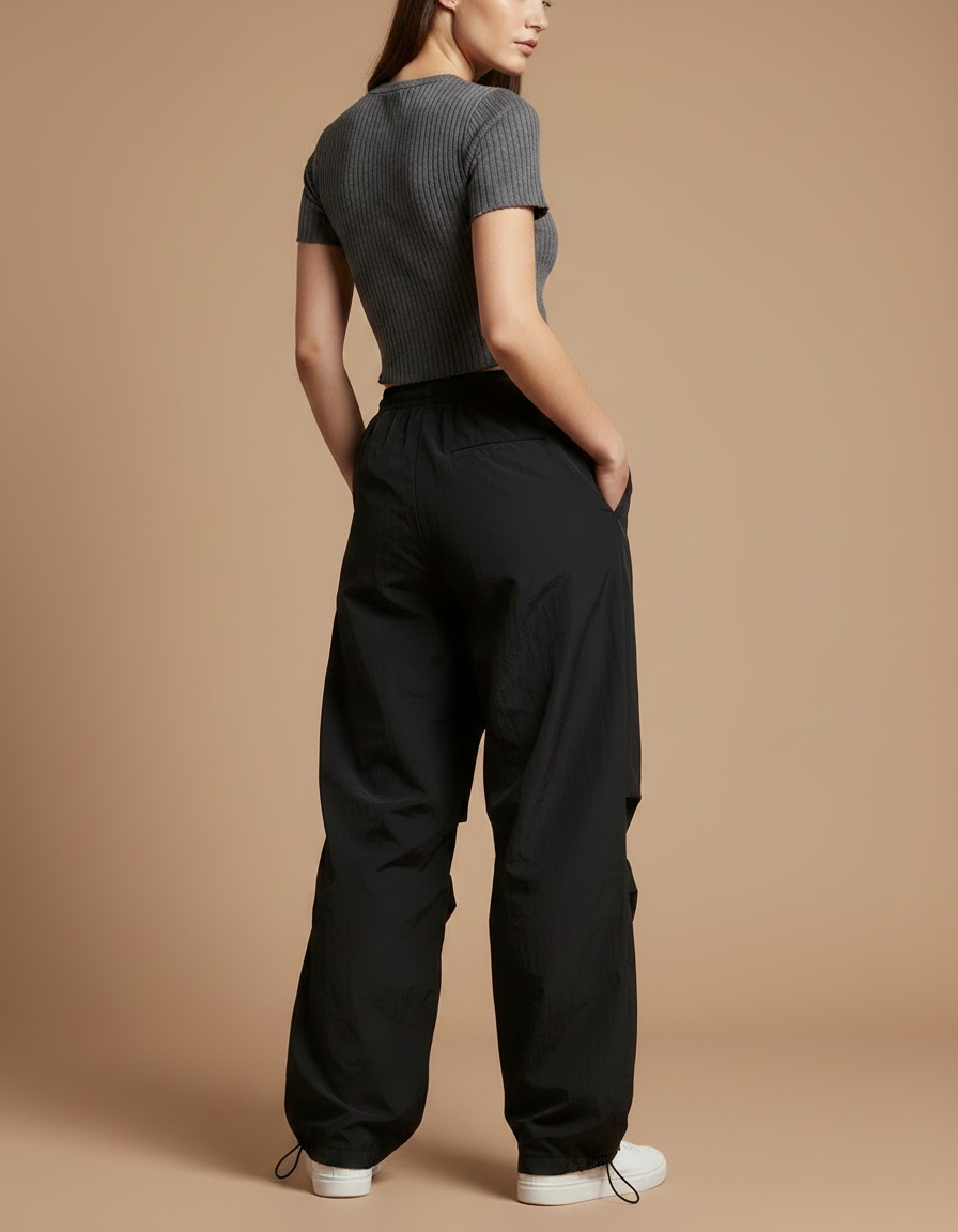 Pantalon Parachute Noir Ample Fluide Streetwear Femme - Polyester - vue 2